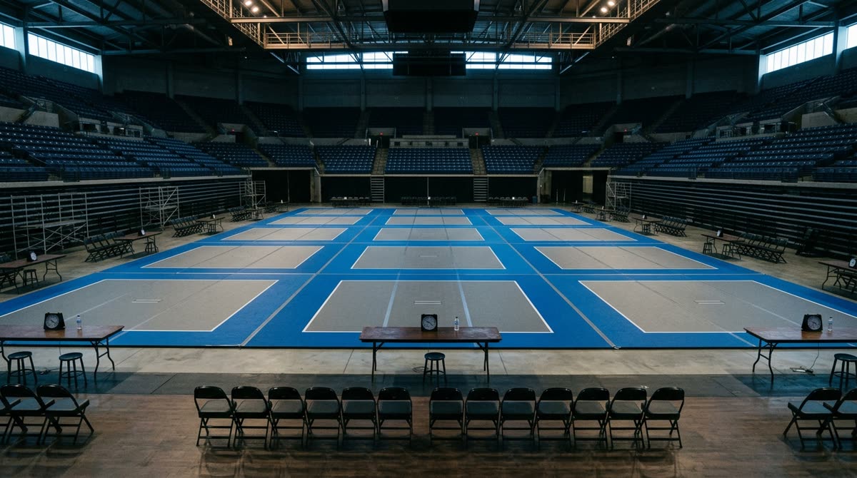 Several competition mat squares laid out on an arena floor with empty bleachers.