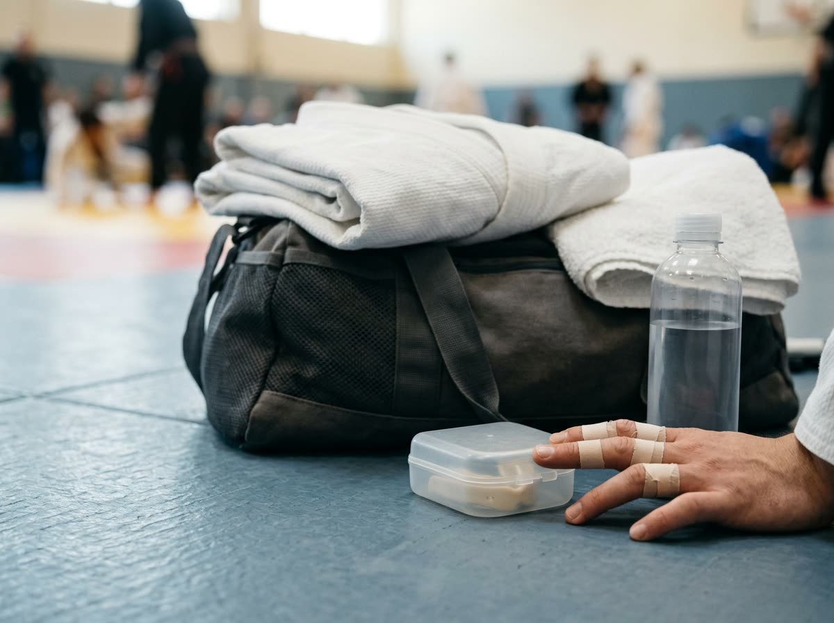 Taped fingers, a mouthguard case, a water bottle and a rolled uniform on a bag.