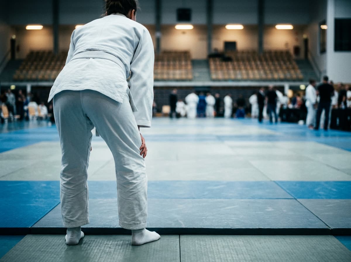 A competitor warms up alone at the edge of a mat, hands on knees, face away.